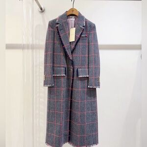 Authentic Thom Browne Gray and Pink Plaid Long Blazer